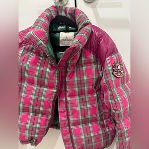 Moncler Vibrant Pink and Green Plaid Kids Puffer Jacket